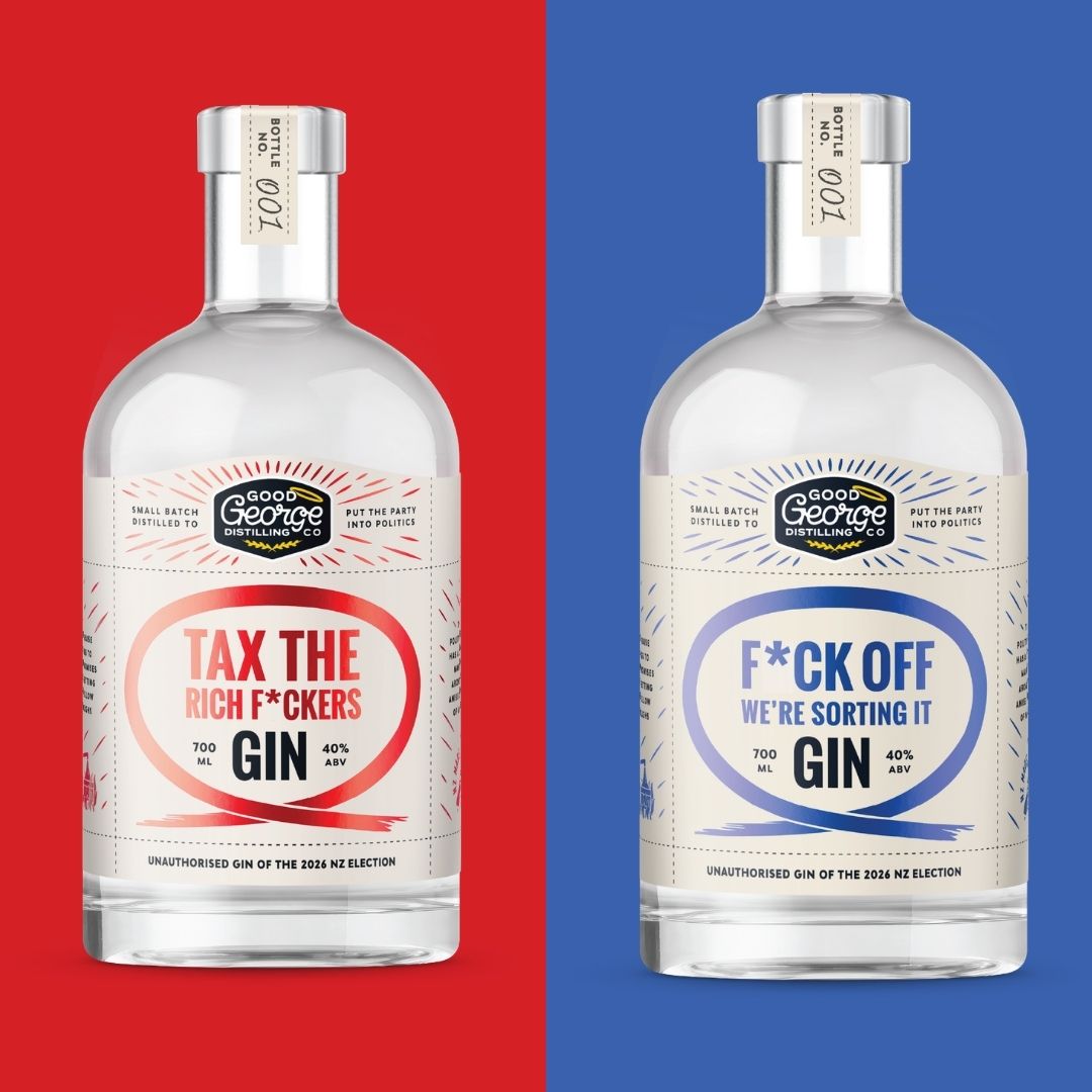 Two clear glass bottles of Good George gin with white labels and silver caps, shown side by side against vertical pink, blue, and dark grey panels. The labels read "TAX THE RICH F*CKERS GIN","F*CK OFF WE'RE SORTING IT GIN.