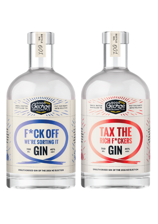 Two clear glass bottles of Good George Spirits gin side by side on a white background. The left bottle has a blue circular label reading 'F*CK OFF WE'RE SORTING IT GIN', and the right bottle has a red circular label reading 'TAX THE RICH F*CKERS GIN'.