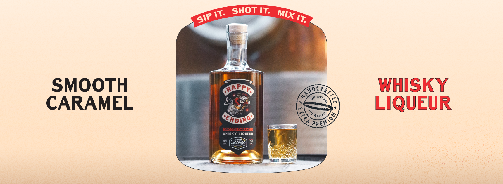 Bottle of Smirnoff Whisky Liqueur with a glass on a beige background