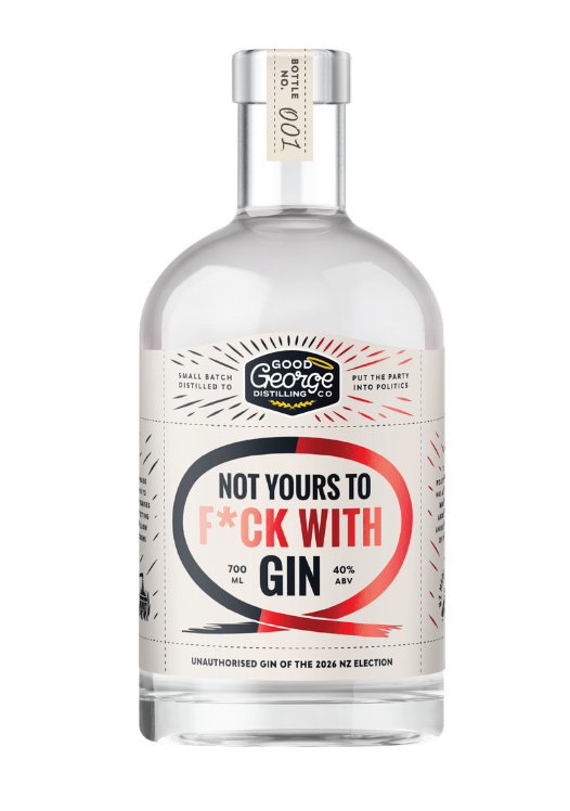Good George Not Yours to F*ck With Gin, 700mL, cream label with a black and red loop, on a clear background.