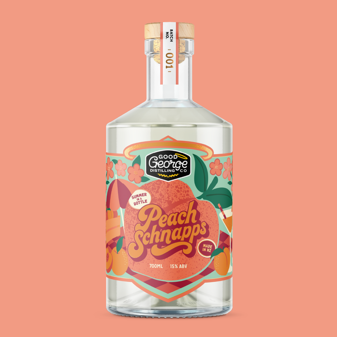 Bottle of Good George Peach Schnapps on a peach background