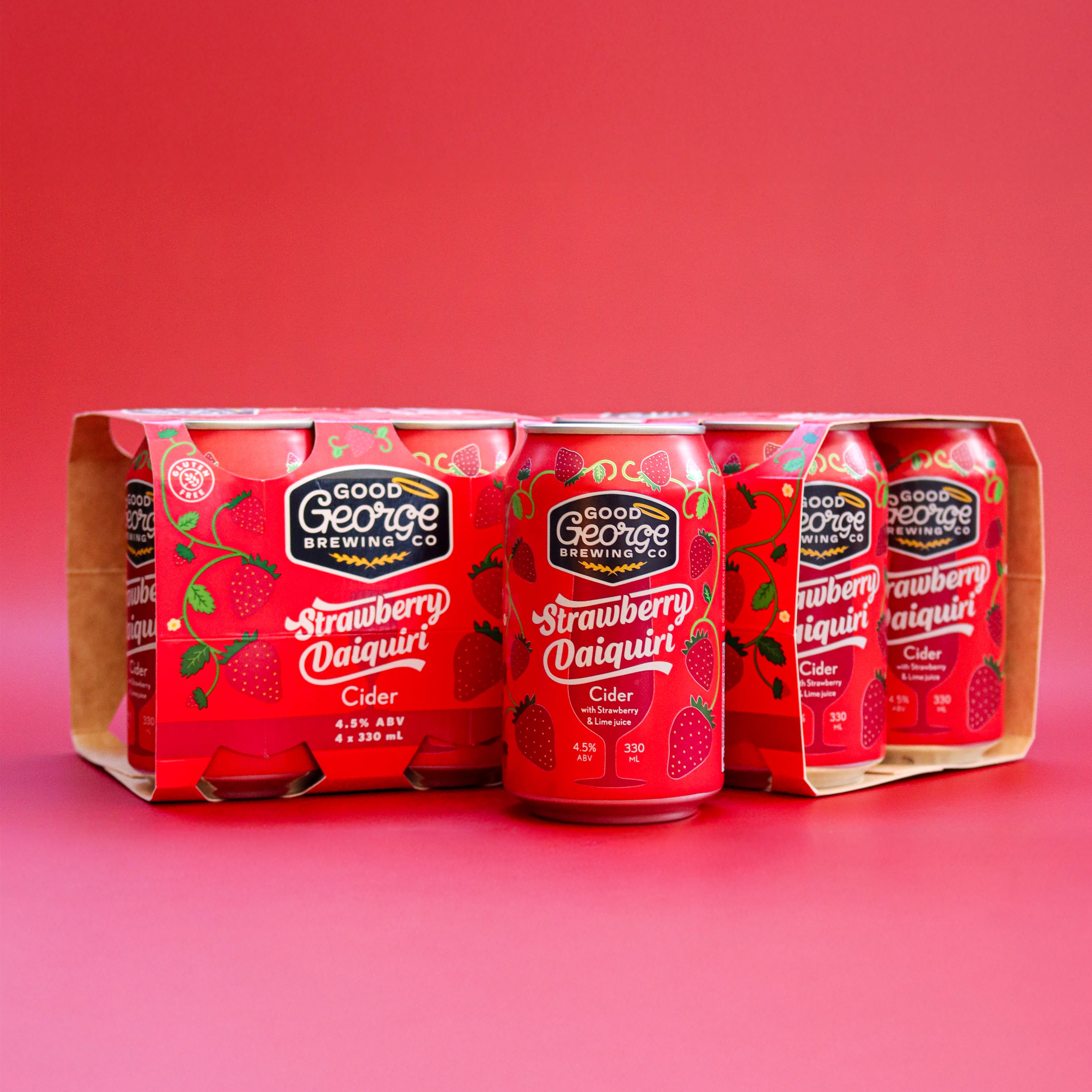 Four cans of Good George Strawberry Caipirinha Cider on a red background