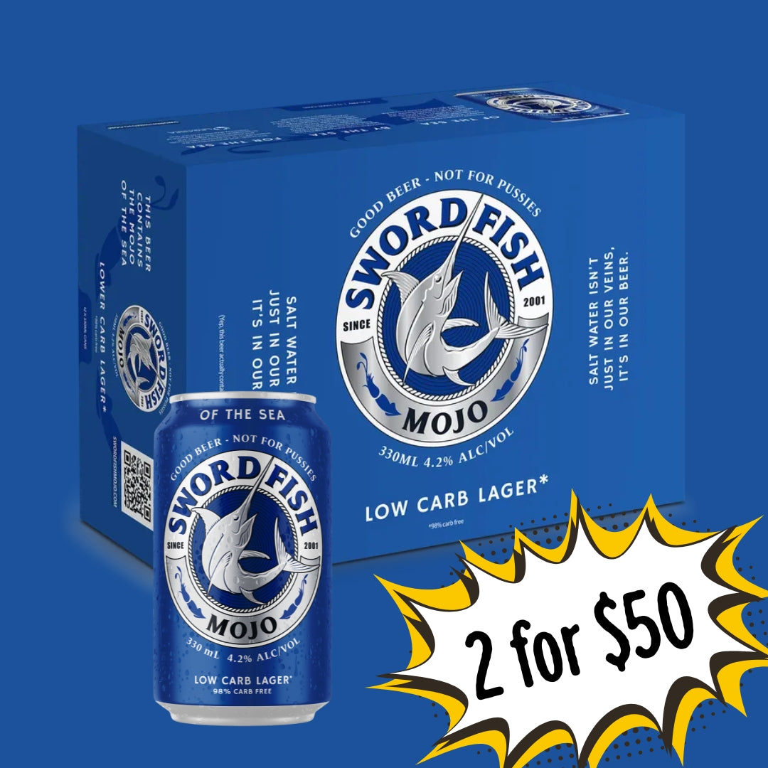 Swordfish Mojo low carb lager can and packaging on a blue background