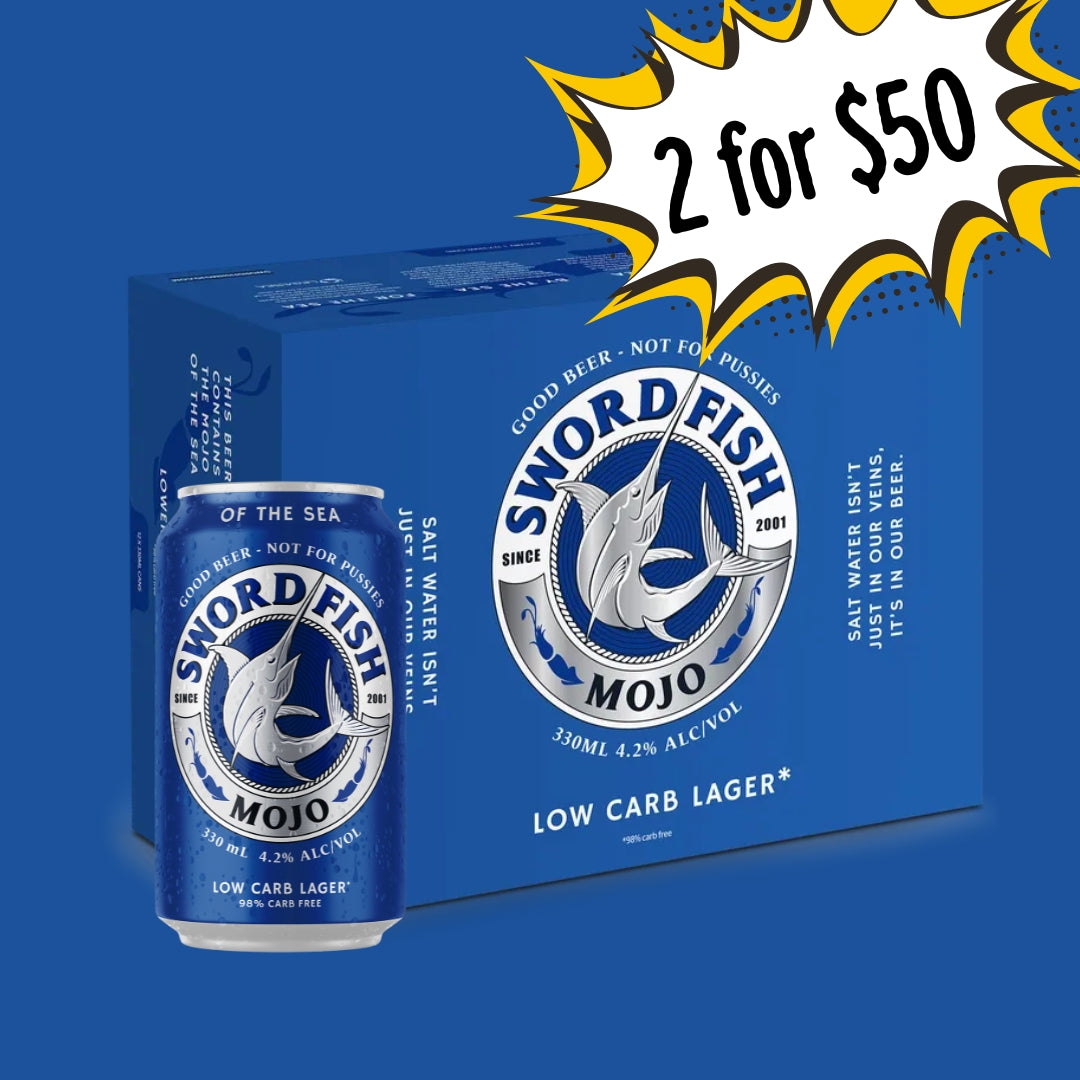 Swordfish Mojo low carb lager packaging with a promotional offer on a blue background