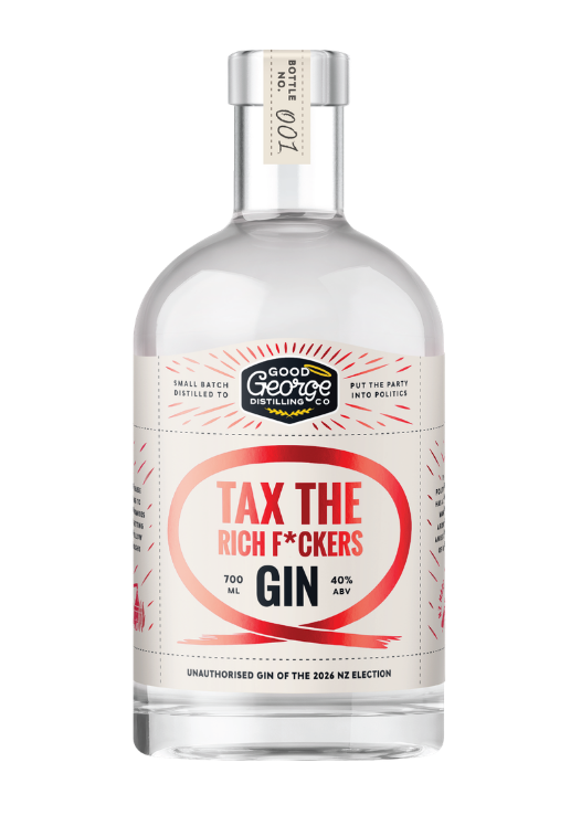 A 700ml bottle of Good George Gin on a solid white background. The bottle is clear glass with a silver metal screw cap and features a white label with red and black text and graphics, including the slogan 'TAX THE RICH F*CKERS'.