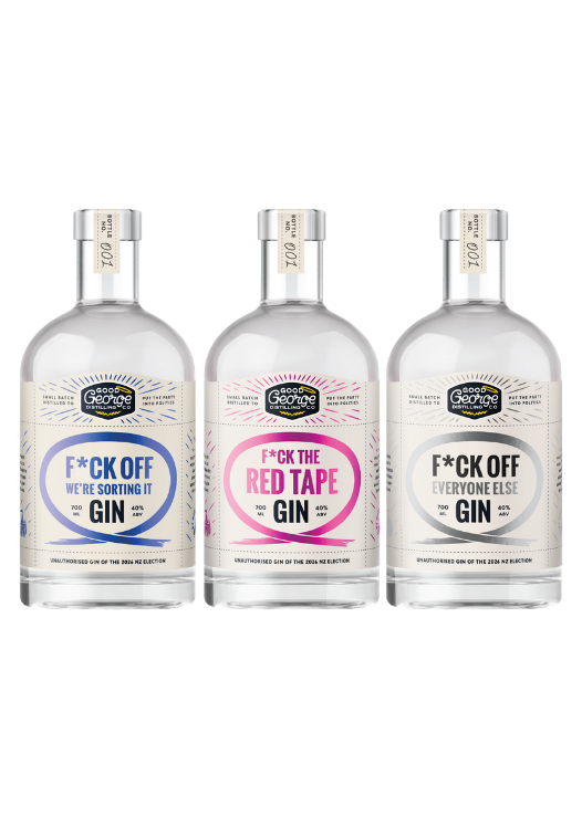 Three clear glass bottles of Good George Spirits gin side by side on a white background. The left bottle has a blue circular label reading 'F*CK OFF WE'RE SORTING IT GIN', and the centre bottle has a pink circular label reading 'F*CK THE RED TAPE GIN' and the right bottle has a grey circular label reading 'F*CK OFF EVERYONE ELSE GIN'