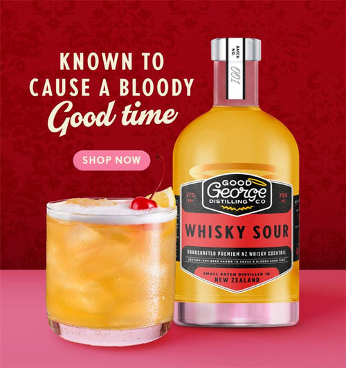 Good George Whisky Sour bottle and cocktail on a red background with promotional text.