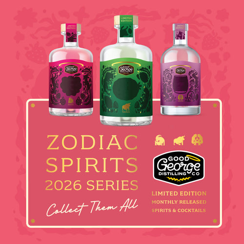 Three bottles of Good George Distilling Co. with colorful labels on a pink background, featuring text about the Zodiac Spirits 2026 Series.