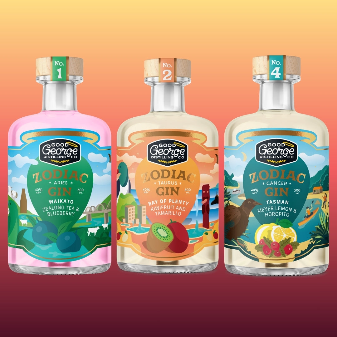 Three bottles of Good George Zodiac Gin with colorful labels on a gradient background