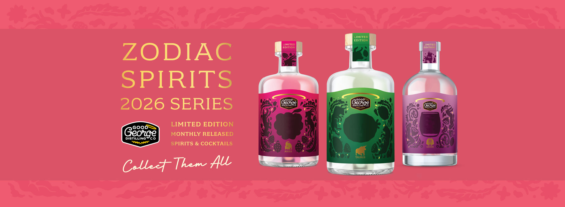 Three bottles of Zodiac Spirits 2026 Series on a pink background with brand logo.