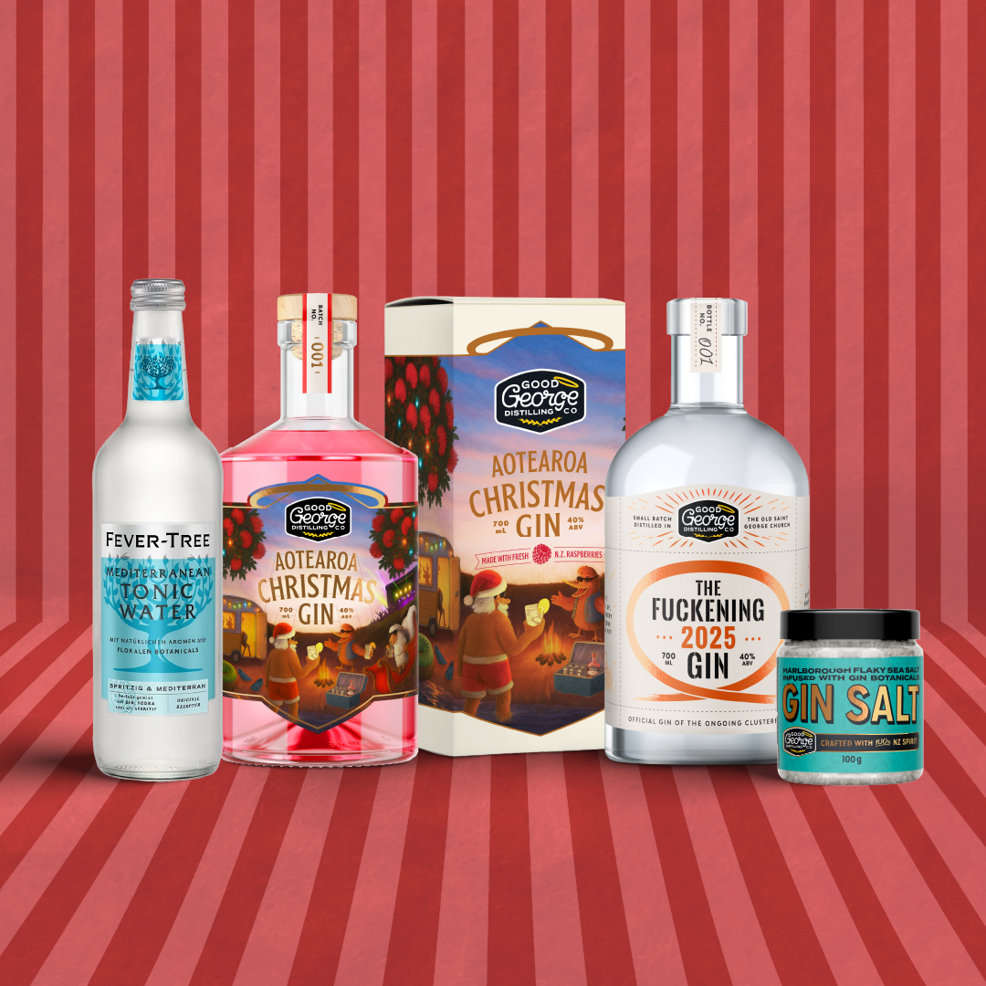 Collection of gin bottles and tonic water with a red striped background