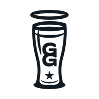 A black line-art graphic of a pint glass with a halo above it and a large stylized 'GG' and star on the front, shown on a plain white background.
