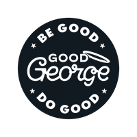 A circular black sticker or decal with white text reading 'BE GOOD GOOD George DO GOOD' and small white stars and a halo graphic, shown on a plain white background.