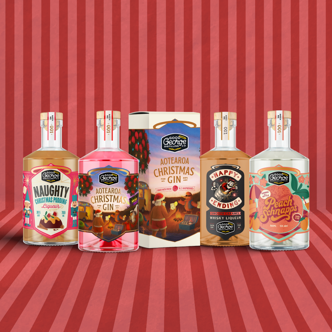 Collection of alcoholic beverages and packaging on a red striped background