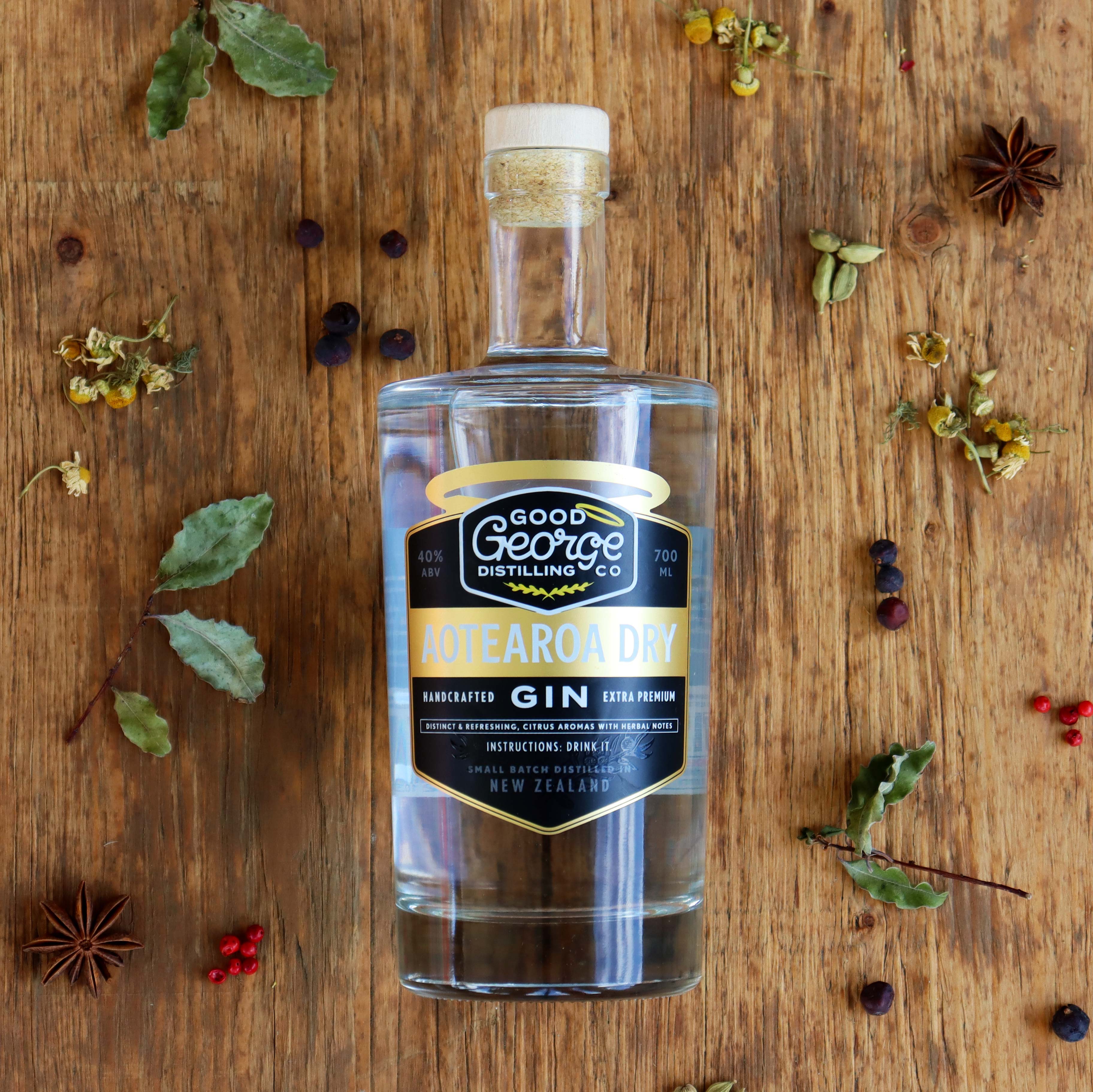 Good George Aotearoa Dry Gin 700ml Bottle with herbs and spices that went into the gin making process