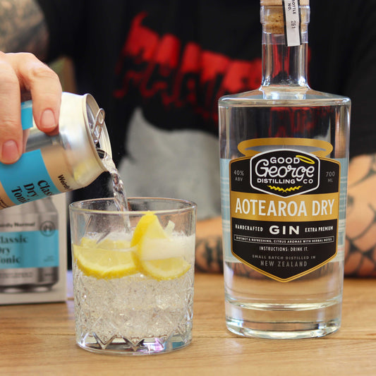 Good George Aotearoa Dry Gin 700ml Bottle and a glass of gin and tonic