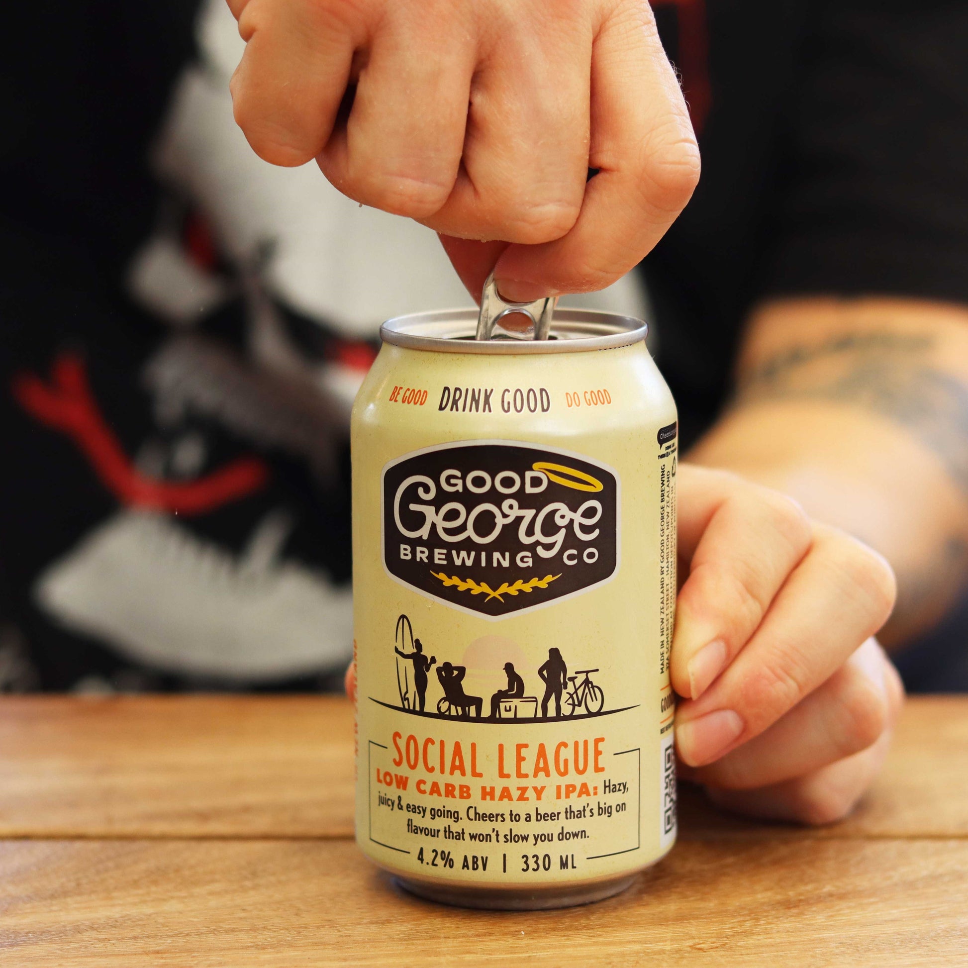Good George Social League Low Carb Hazy IPA Can getting opened